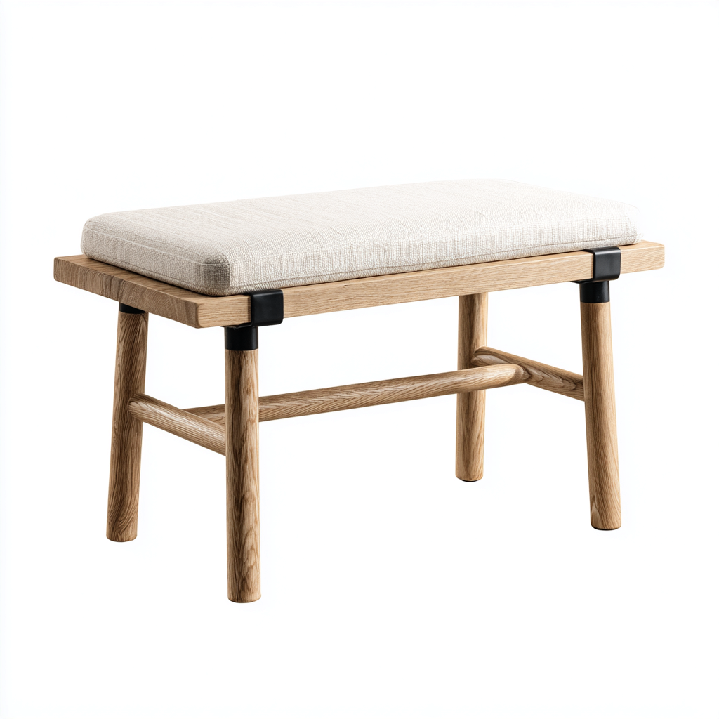 Panca da ingresso-Tessuto-Legno massello-Metallo-120x40x45cm-Beige-Legno naturale-Nero-Stile scandinavo-Dengohut