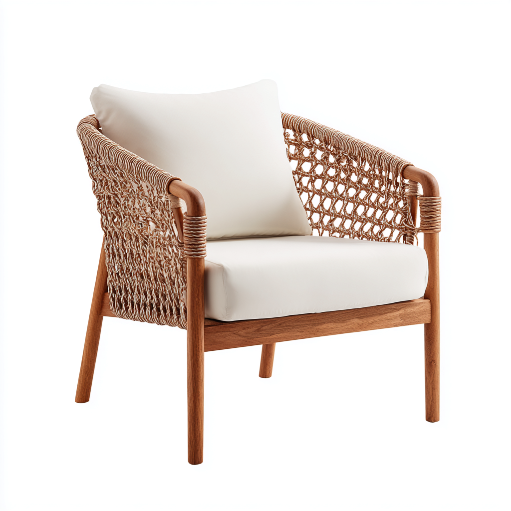 Poltrona da giardino - Legno-Rattan-Tessuto - 68x72x80cm - Naturale-Bianco - Stile naturale contemporaneo per esterni-Dengohut