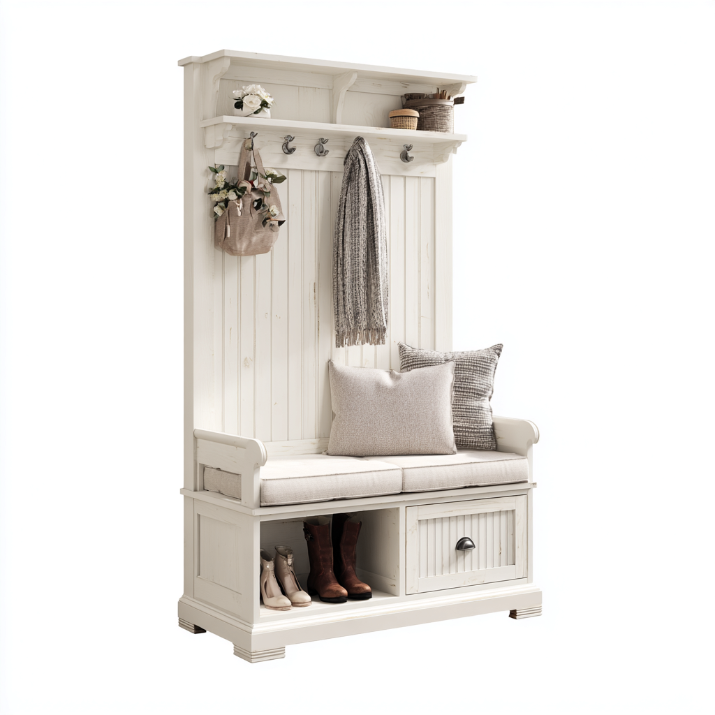 Attaccapanni-legno-metallo-100x42x198cm-bianco-design country-Dengohut