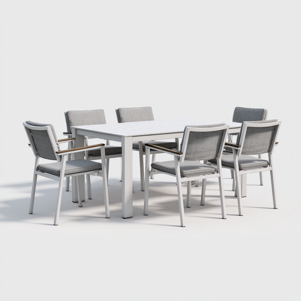 Set da pranzo per terrazza-alluminio-legno-tessuto-180x90x75cm-bianco-grigio-moderno-Dengohut