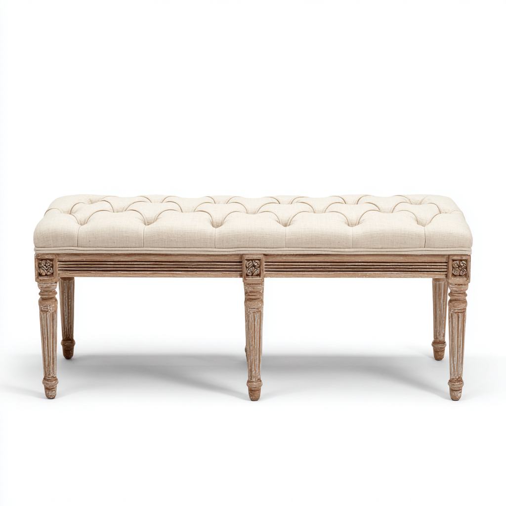 Panca da ingresso-Tessuto-Legno massello-160x46x48cm-Crema-Legno naturale-Stile francese-Dengohut