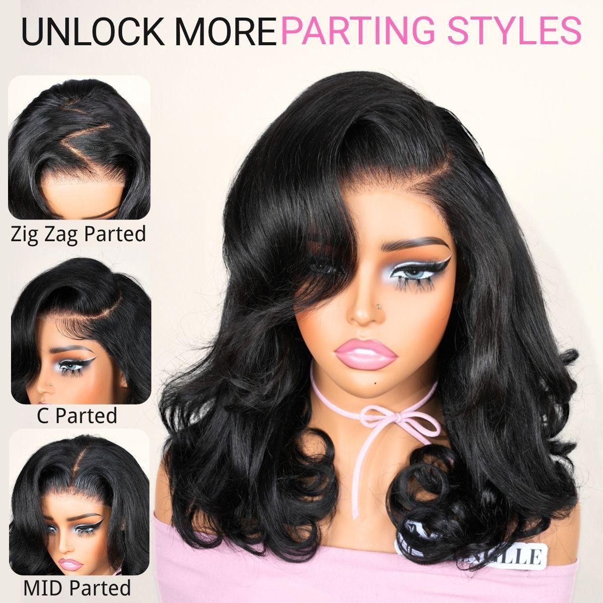 [Upgraded 7x6 Lace] Menglle Hair Side Part Glueless Layered Cut Loose Wave 7×6 Pre Cut Lace Human Hair Wigs Shoulder Length Short Bob Wig Pre Hair styled