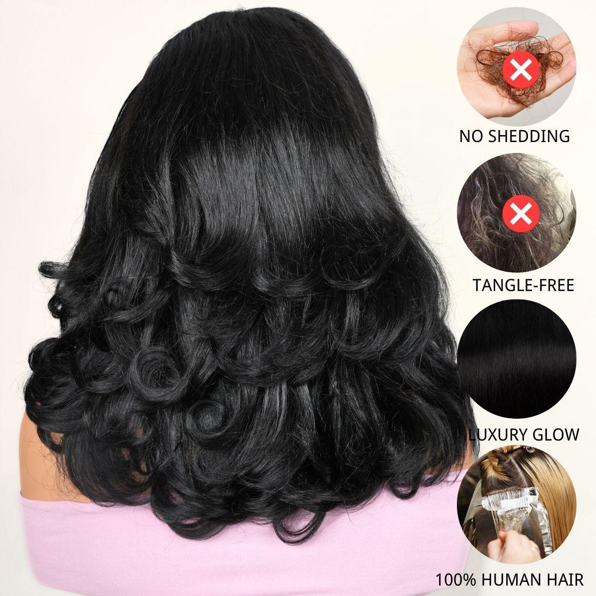 [Upgraded 7x6 Lace] Menglle Hair Side Part Glueless Layered Cut Loose Wave 7×6 Pre Cut Lace Human Hair Wigs Shoulder Length Short Bob Wig Pre Hair styled