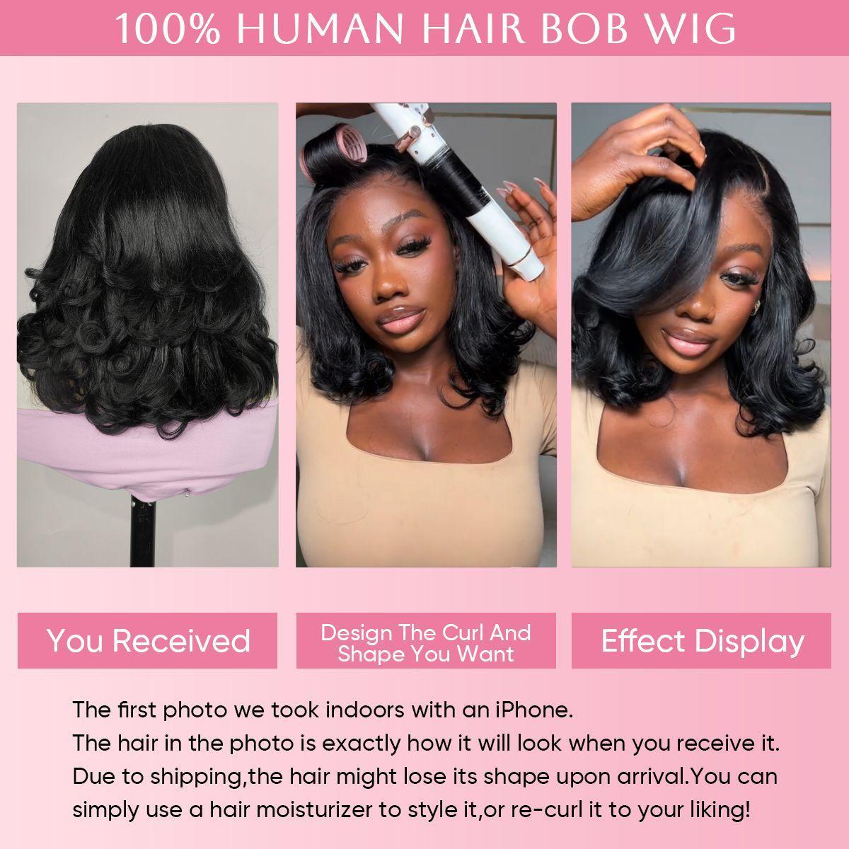 [Upgraded 7x6 Lace] Menglle Hair Side Part Glueless Layered Cut Loose Wave 7×6 Pre Cut Lace Human Hair Wigs Shoulder Length Short Bob Wig Pre Hair styled