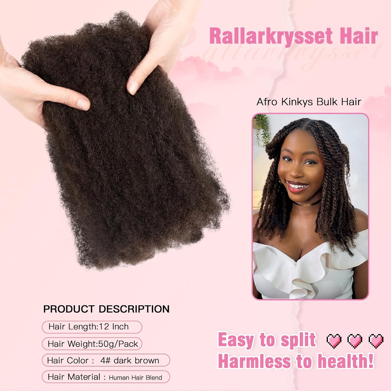 Afro Kinkys Bulk Hair for Dreadlocks Extensions Repair Locs 12 Inch 50g 4c Springy Afro Kinky-Curly Hair for Twist Braiding Mini Twists Crochet Hair Braids Locks Dark Brown