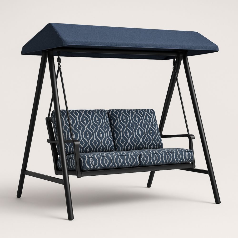 Balançoire de jardin en métal avec auvent et coussins à motif géométrique