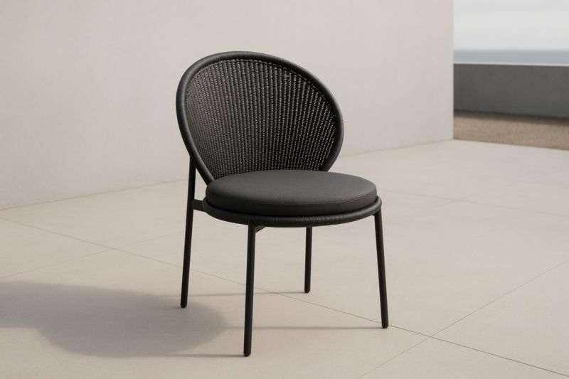 Chaise en métal noir avec dossier en résine et coussin rond