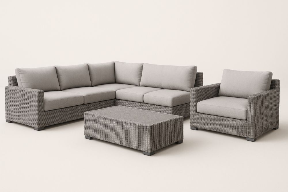 Ensemble Canapé d'Angle Résine Tressée Gris avec Coussins