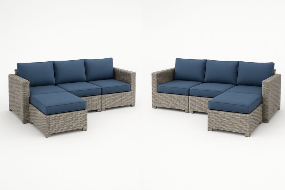 Ensemble de salon en résine tressée beige avec coussins bleus