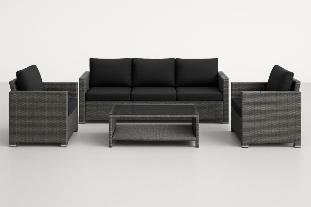 Ensemble de jardin en rotin gris avec coussins noirs et table en verre