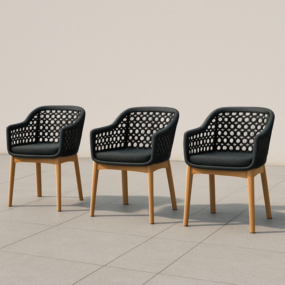 Lot de 3 fauteuils de jardin noirs avec accoudoirs en résine et pieds en bois