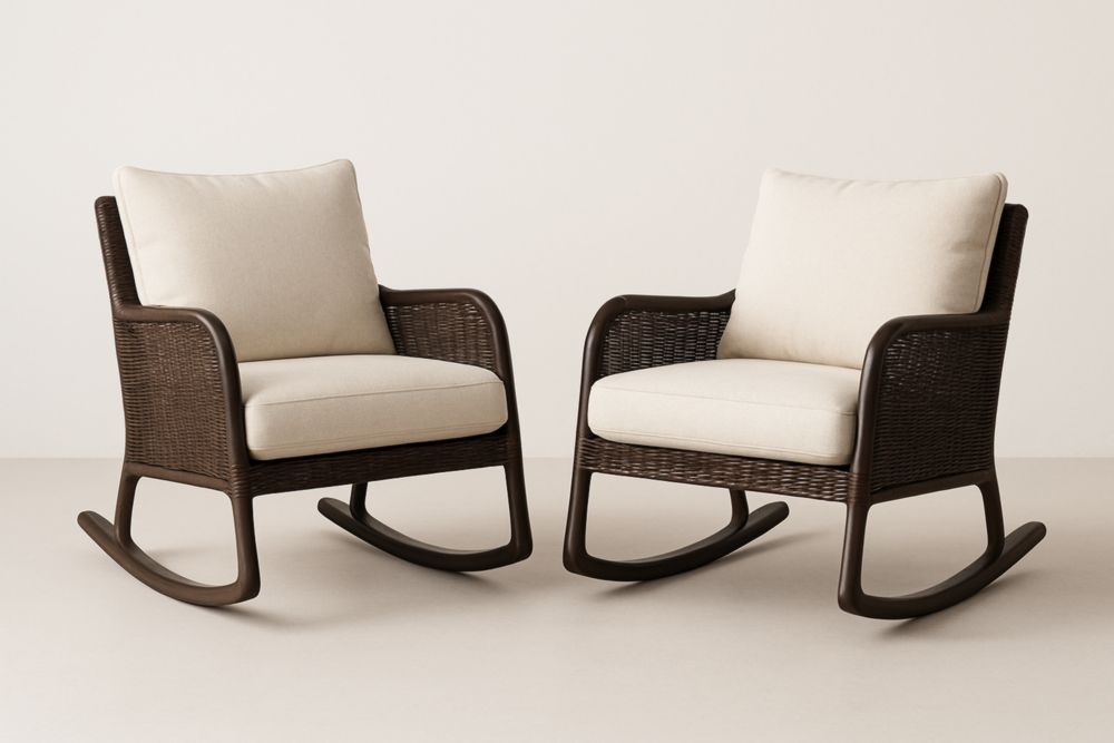 Paire de Fauteuils à Bascule en Résine Marron avec Coussins en Tissu Beige