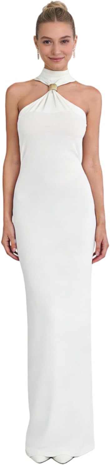 Women’s Elegant Gold Metal Ring Mock Neck Maxi Dress Sexy Halter Bodycon Long Dress Evening Cocktail Dresses