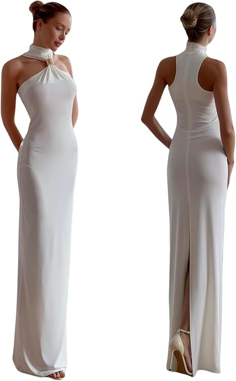 Women’s Elegant Gold Metal Ring Mock Neck Maxi Dress Sexy Halter Bodycon Long Dress Evening Cocktail Dresses