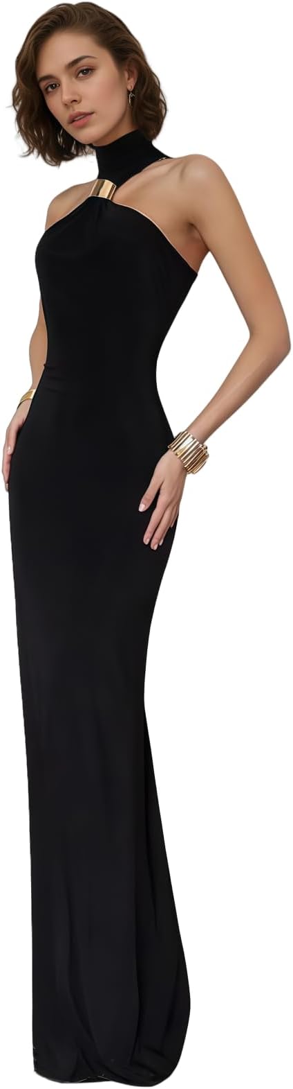 Women’s Elegant Gold Metal Ring Mock Neck Maxi Dress Sexy Halter Bodycon Long Dress Evening Cocktail Dresses