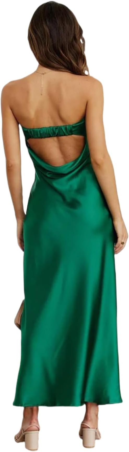 Women’s Satin Strapless Wedding Guest Dress Elegant Draped Backless Maxi Dress Evening Gown Cocktail Party Dress