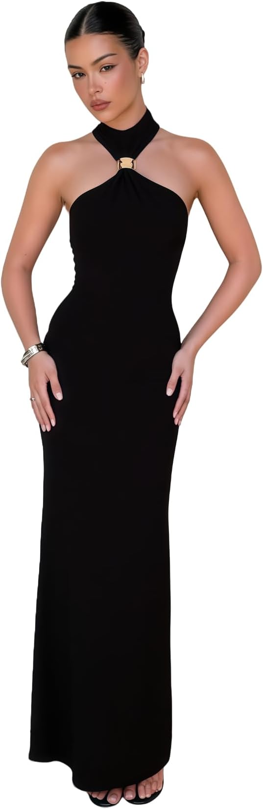Women’s Elegant Gold Metal Ring Mock Neck Maxi Dress Sexy Halter Bodycon Long Dress Evening Cocktail Dresses