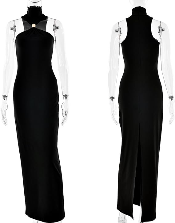 Women’s Elegant Gold Metal Ring Mock Neck Maxi Dress Sexy Halter Bodycon Long Dress Evening Cocktail Dresses