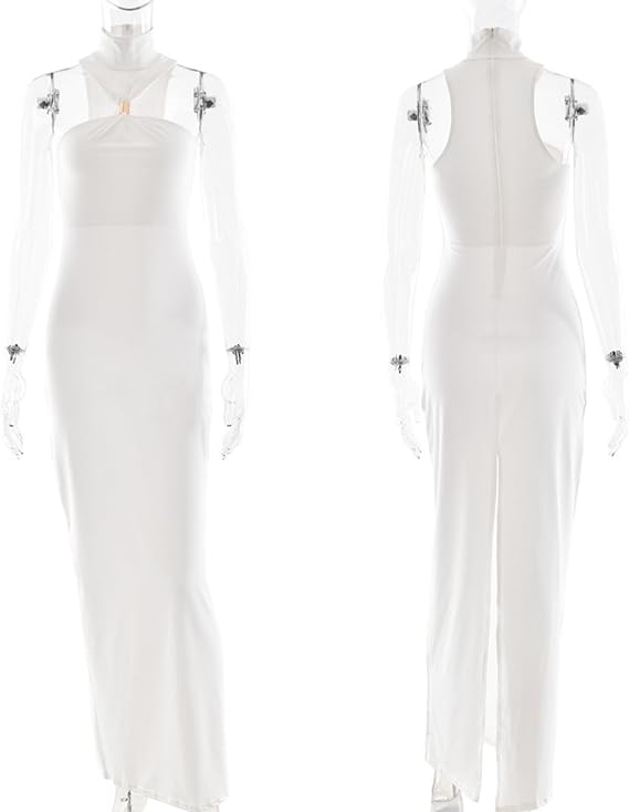 Women’s Elegant Gold Metal Ring Mock Neck Maxi Dress Sexy Halter Bodycon Long Dress Evening Cocktail Dresses