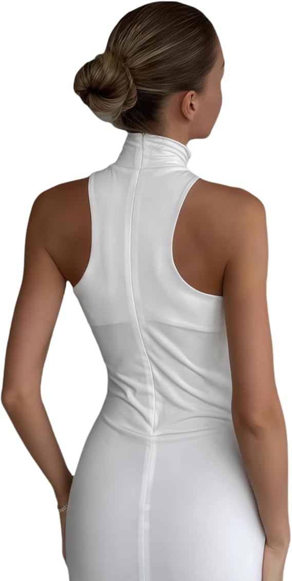 Women’s Elegant Gold Metal Ring Mock Neck Maxi Dress Sexy Halter Bodycon Long Dress Evening Cocktail Dresses