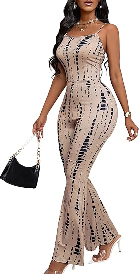 Womens Sexy Flared Jumpsuit High Waisted Tie Dye Spaghetti Strap Bodycon Night Club Party Casual Jumpsuits
