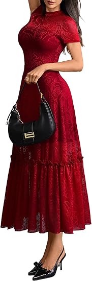 Womens Elegant Vintage Floral Lace Dress Short Sleeve Double Layer Gothic Midi Wedding Guest Cocktail