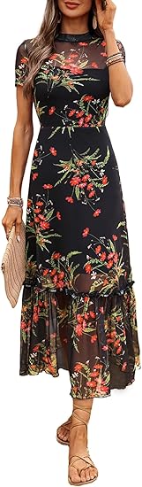 Women's Summer Floral Mesh Ruffle Dress Short Sleeve Round Neck Waist Cinched Casual Maxi Wedding Guest Dresses