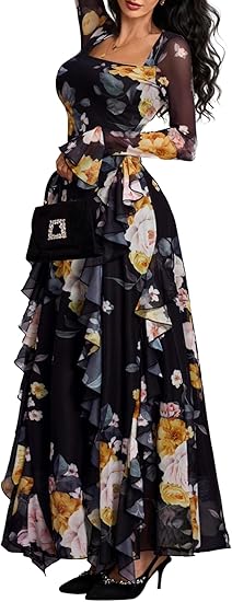 Women's Floral Dress Mesh Sheer Long Sleeve Square Neck Ruffle Layered Elegant Date Night Holiday Party Outfit