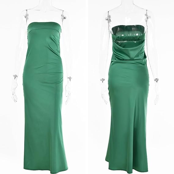 Women’s Satin Strapless Wedding Guest Dress Elegant Draped Backless Maxi Dress Evening Gown Cocktail Party Dress
