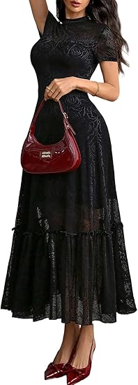 Womens Elegant Vintage Floral Lace Dress Short Sleeve Double Layer Gothic Midi Wedding Guest Cocktail