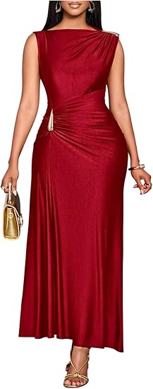 Women's Elegant Ruched Boat Neck Dress Metal Sleeveless Wedding Party Long Maxi Tank Dresses