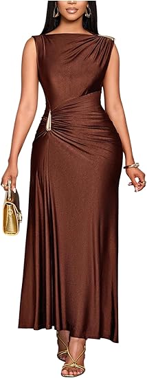 Women's Elegant Ruched Boat Neck Dress Metal Sleeveless Wedding Party Long Maxi Tank Dresses