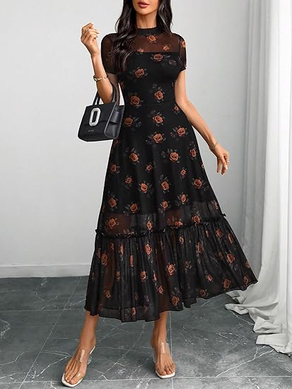 Women's Summer Floral Mesh Ruffle Dress Short Sleeve Round Neck Waist Cinched Casual Maxi Wedding Guest Dresses