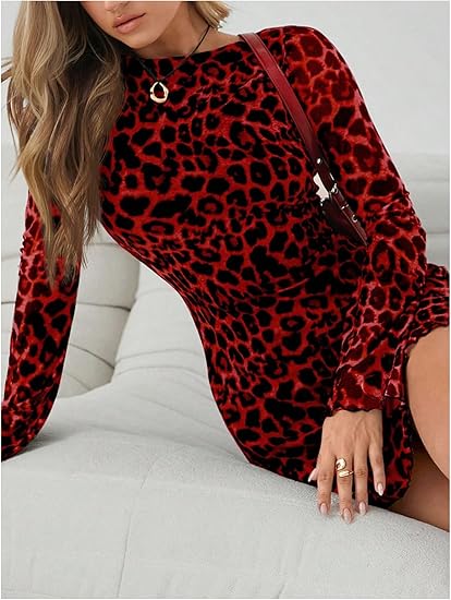 Women's Leopard Print Mini Dress Y2k Bell Long Sleeve Cheetah Short Dresses Going Out Party Clubbing Outfits
