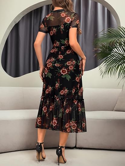 Women's Summer Floral Mesh Ruffle Dress Short Sleeve Round Neck Waist Cinched Casual Maxi Wedding Guest Dresses