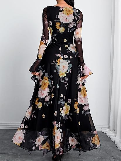 Women's Floral Dress Mesh Sheer Long Sleeve Square Neck Ruffle Layered Elegant Date Night Holiday Party Outfit