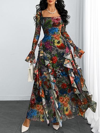 Women's Floral Dress Mesh Sheer Long Sleeve Square Neck Ruffle Layered Elegant Date Night Holiday Party Outfit