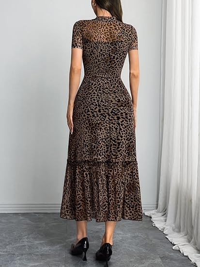 Women's Summer Floral Mesh Ruffle Dress Short Sleeve Round Neck Waist Cinched Casual Maxi Wedding Guest Dresses