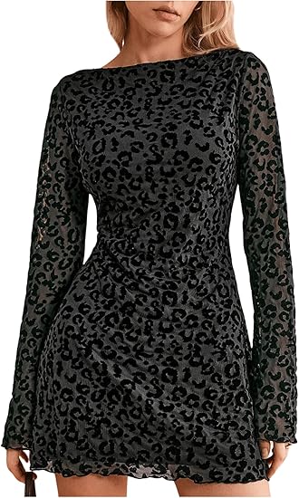 Women's Leopard Print Mini Dress Y2k Bell Long Sleeve Cheetah Short Dresses Going Out Party Clubbing Outfits