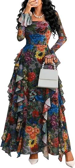 Women's Floral Dress Mesh Sheer Long Sleeve Square Neck Ruffle Layered Elegant Date Night Holiday Party Outfit
