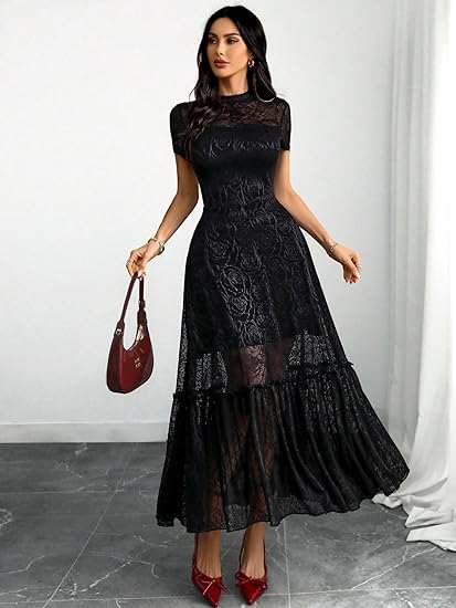 Womens Elegant Vintage Floral Lace Dress Short Sleeve Double Layer Gothic Midi Wedding Guest Cocktail