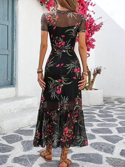 Women's Summer Floral Mesh Ruffle Dress Short Sleeve Round Neck Waist Cinched Casual Maxi Wedding Guest Dresses