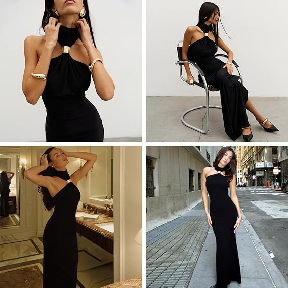 Women’s Elegant Gold Metal Ring Mock Neck Maxi Dress Sexy Halter Bodycon Long Dress Evening Cocktail Dresses