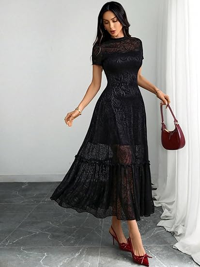 Womens Elegant Vintage Floral Lace Dress Short Sleeve Double Layer Gothic Midi Wedding Guest Cocktail