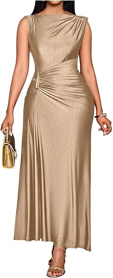 Women's Elegant Ruched Boat Neck Dress Metal Sleeveless Wedding Party Long Maxi Tank Dresses