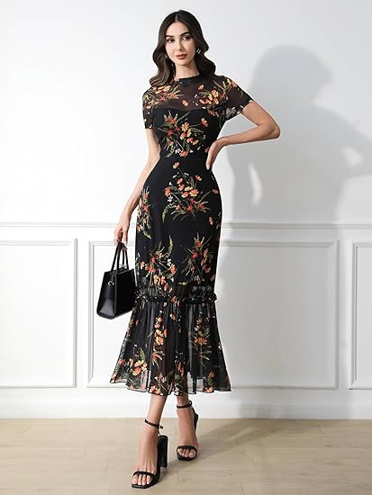 Women's Summer Floral Mesh Ruffle Dress Short Sleeve Round Neck Waist Cinched Casual Maxi Wedding Guest Dresses