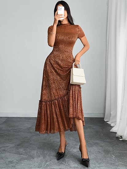 Womens Elegant Vintage Floral Lace Dress Short Sleeve Double Layer Gothic Midi Wedding Guest Cocktail