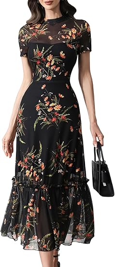 Women's Summer Floral Mesh Ruffle Dress Short Sleeve Round Neck Waist Cinched Casual Maxi Wedding Guest Dresses