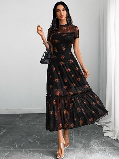 Women's Summer Floral Mesh Ruffle Dress Short Sleeve Round Neck Waist Cinched Casual Maxi Wedding Guest Dresses
