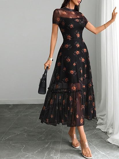 Women's Summer Floral Mesh Ruffle Dress Short Sleeve Round Neck Waist Cinched Casual Maxi Wedding Guest Dresses
